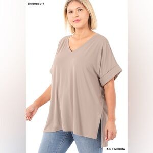 NWT ZENANA PLUS BRUSHED DTY ROLLED SHORT SLEEVE V-NECK TOP